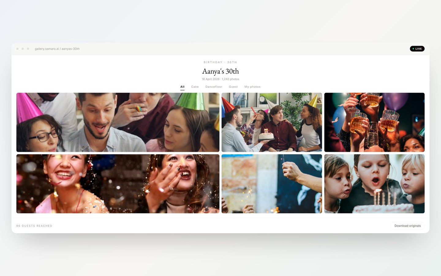 A birthday gallery open at gallery.samaro.ai: guests in party hats around a cake, a toast, sparklers and children blowing out candles, with tabs for cake, dancefloor, guest photos and your own