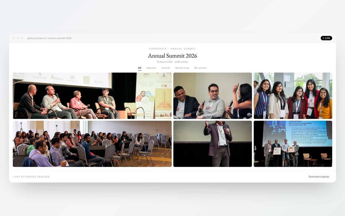 A conference gallery open at gallery.samaro.ai: a panel on stage, two speakers answering, delegates with lanyards, the seated room, the keynote and an award being presented, with tabs for keynote, awards, networking and the attendee's own photos