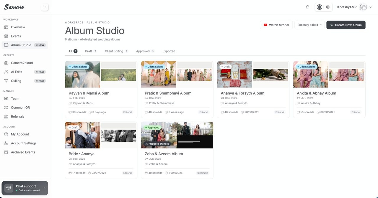 Album Studio's album list: six wedding albums as cards, each with its couple's name, spread count and date, tagged draft, client editing, approved or exported