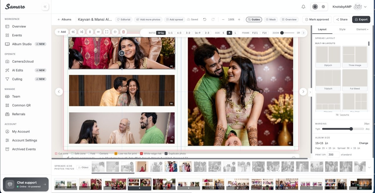 A spread open in the Album Studio editor, four photographs placed across two pages, with the layout panel offering built-in spreads — diptych, three image, triptych, full bleed — and the album set to 15 by 15 inches at 300 print DPI