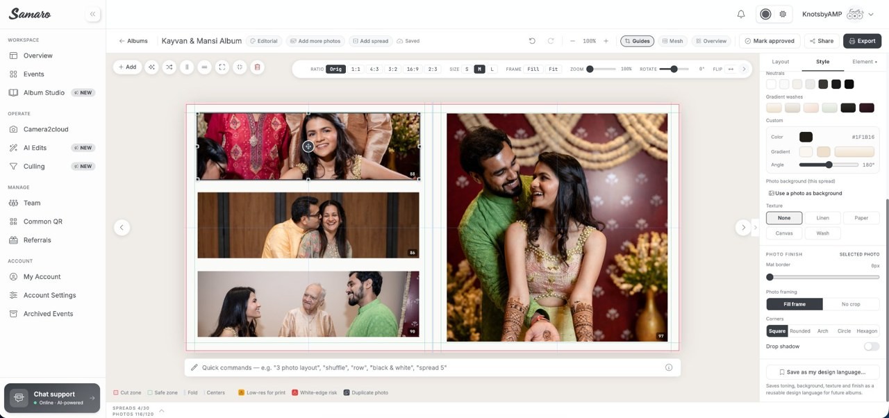 The same spread with the style panel open: neutral and gradient washes, a custom background colour, paper and canvas textures, mat border, photo framing and corner shapes, and a button to save the whole treatment as a reusable design language