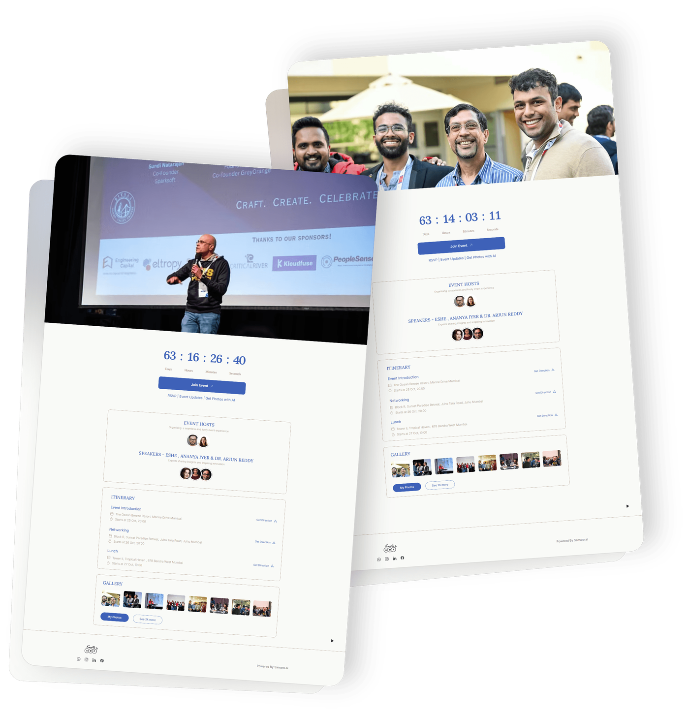 A Samaro event invitation open on two tablets: the event's date and a live countdown to it, the guest list and itinerary below, and the photographs from the day beside it