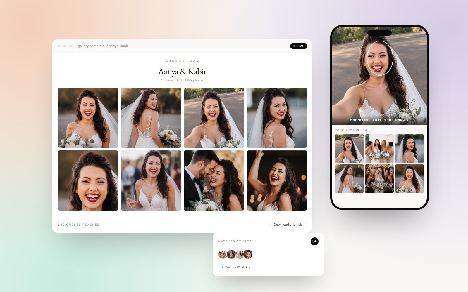 A wedding gallery open at gallery.samaro.ai beside a guest's phone: she takes a selfie, face matching rings her face, and the 34 photos she appears in come back and are sent to her on WhatsApp