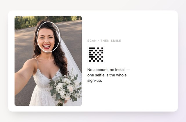A guest takes a selfie with her arm extended, face matching rings her face, and the event QR code sits beside it: no account and no install