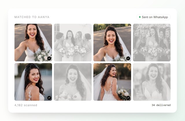 Face recognition picking Aanya out of the event: her frames are ticked, everyone else's are greyed, and the set has been sent on WhatsApp