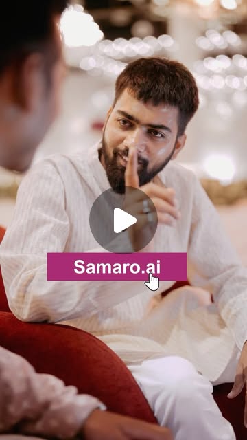 A groom mid-conversation at the wedding, and the Samaro.ai link