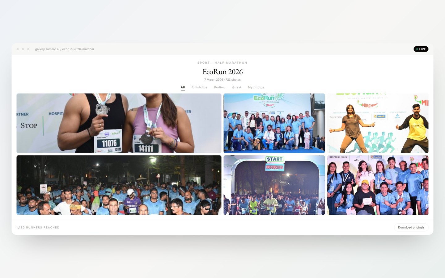 A race gallery open at gallery.samaro.ai: two runners with their medals, the start line packed with the field, the warm-up and the team photograph, with tabs for finish line, podium, guest photos and your own