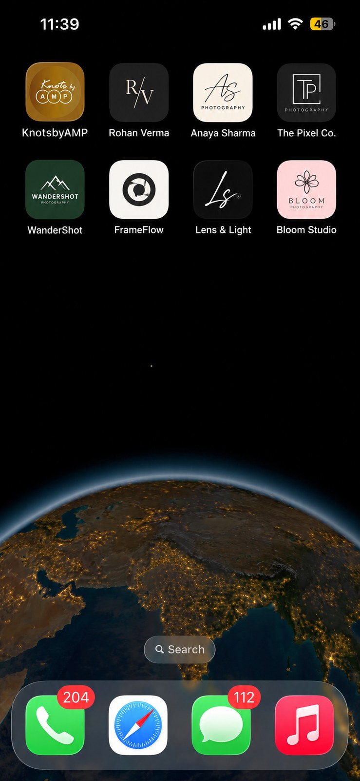 An iPhone home screen carrying eight photographers' own apps side by side: KnotsbyAMP, Rohan Verma, Anaya Sharma, The Pixel Co., WanderShot, FrameFlow, Lens & Light and Bloom Studio, each under its studio's own name and logo