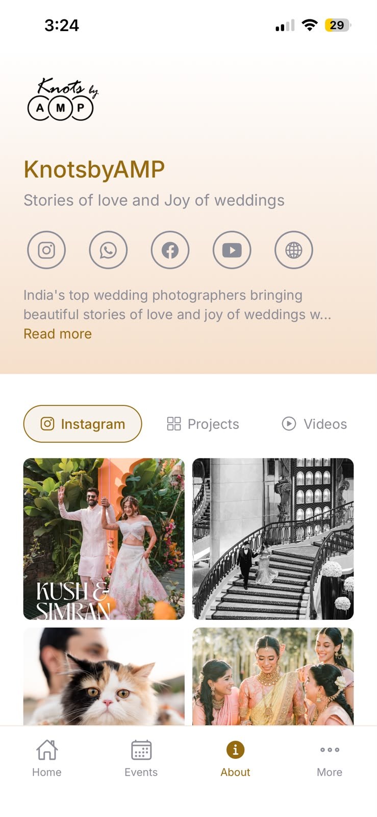 The same app in the studio's own gold, headed with its logo and tagline, with links to its Instagram, WhatsApp, Facebook, YouTube and website and tabs for its Instagram feed, projects and videos
