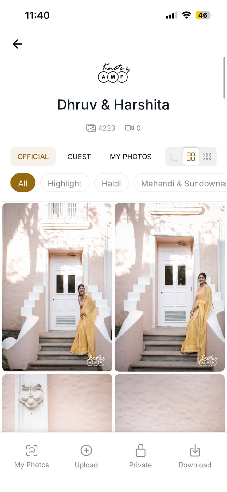 A wedding gallery inside the studio's app, 4,223 photos across official, guest and my-photos tabs, every frame carrying the studio's watermark